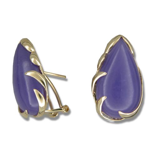 14KT Yellow Gold Purple Jade Tear Drop French Clip Earrings