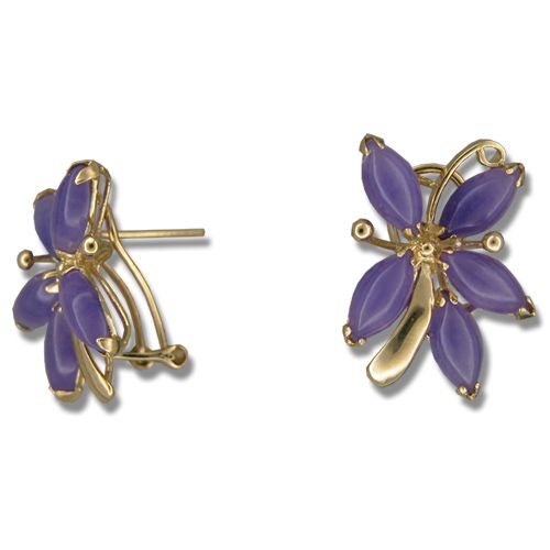 14KT Yellow Gold Purple Jade 5 Petals Flower French Clip Earrings