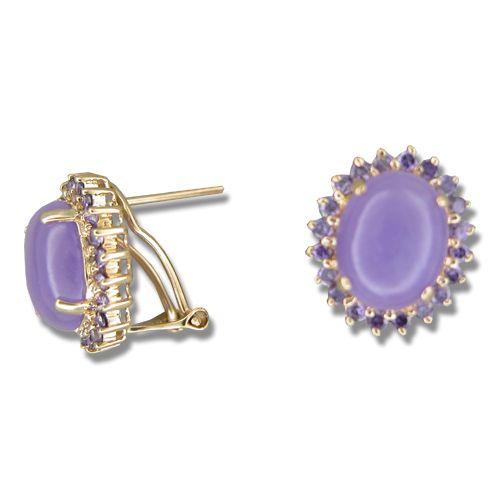 14KT Yellow Gold Oval Shaped Purple Jade with Purple CZ French Clip Earrings