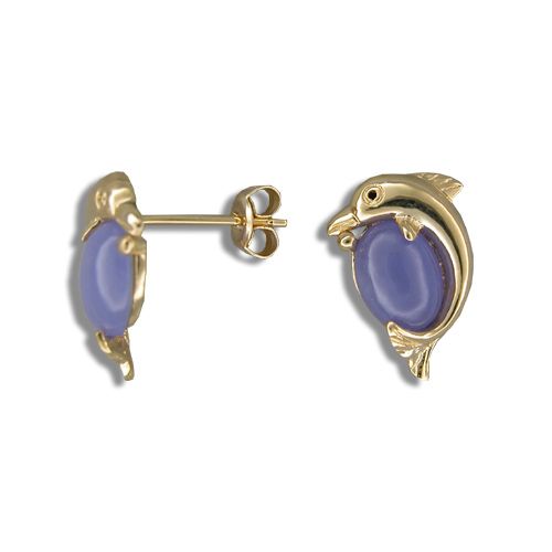 14KT Yellow Gold Dolphin with Purple Jade Post Earrings