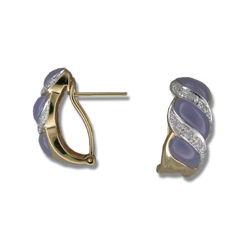 14KT Yellow Gold Marshmallow Shaped Purple Jade with Diamond Post Earrings