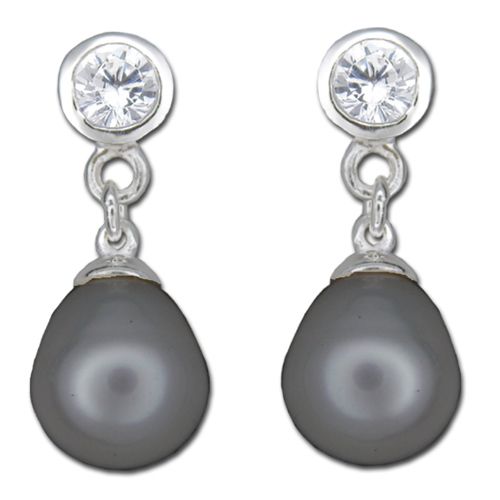 Sterling Silver Clear CZ with Dangling Black Fresh Water Pearl Post Earrings 