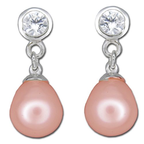 Sterling Silver Clear CZ with Dangling Peach Fresh Water Pearl Post Earrings 