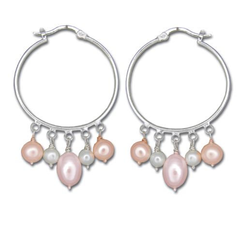 Sterling Silver Hoop Earrings with Dangling Mixed-Color Fresh Water Pearl 