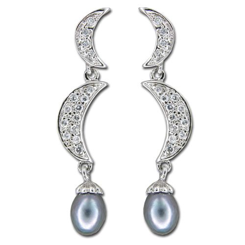 Sterling Silver Double Moon with CZ and Fresh Water Pearl Dangling Earrings