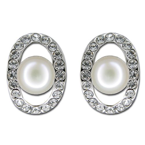 Sterling Silver Floating Fresh Water Pearl in an Oval with CZ Post Earrings