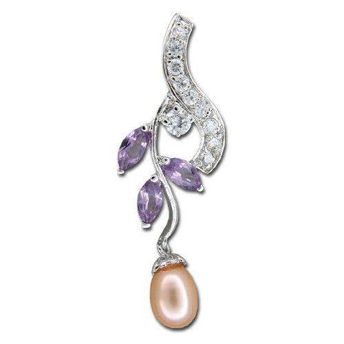 Sterling Silver Leaves Shaped Clear and Amethyst Purple CZ with Dangling Fresh Water Pearl Pendant 