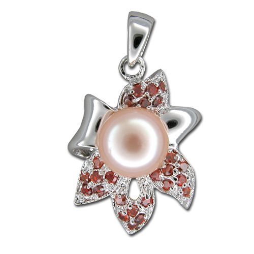 Sterling Silver Ribbon Orange CZ with Fresh Water Pearl Pendant 