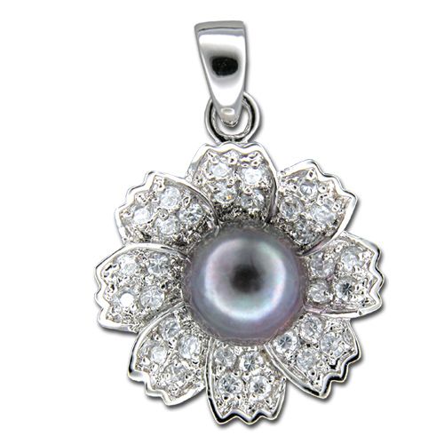 Sterling Silver 8 Petals Flower with CZ and Fresh Water Pearl Pendant 