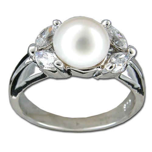 Sterling Silver Marquise Cut Clear CZ with Fresh Water Pearl Ring