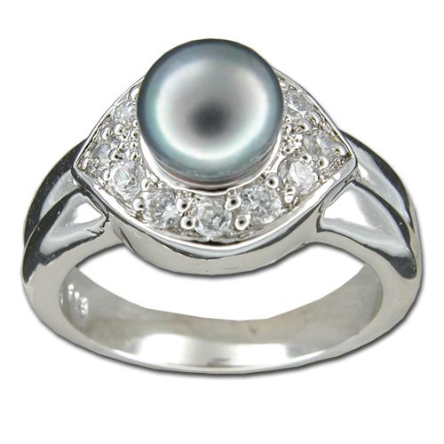 Sterling Silver Eye-Shaped Clear CZ with Fresh Water Pearl Ring  