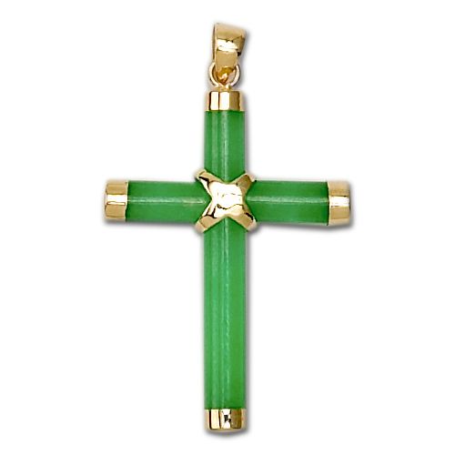 14KT Gold Green Jade Cross Pendant