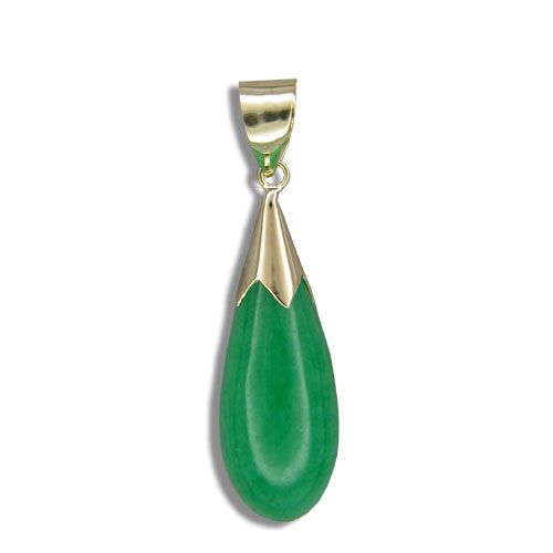 14K Gold Green Jade Tear Drop Pendant