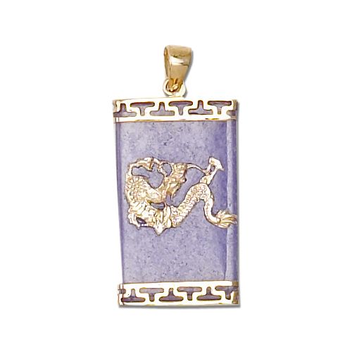 14KT Yellow Gold Dragon on Rectangle Shaped Purple Jade Pendant