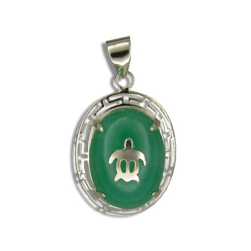 14KT Yellow Gold Hawaiian Honu on Oval Shaped Green Jade Pendant 