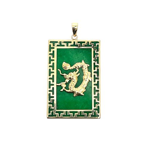 14KT Gold Rectangle Green Jade Dragon Pendant – Lady’s Size