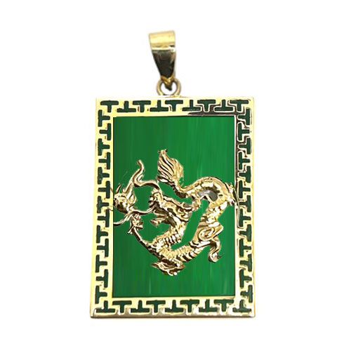 14KT Gold Rectangle Green Jade Dragon Pendant – Men’s Size