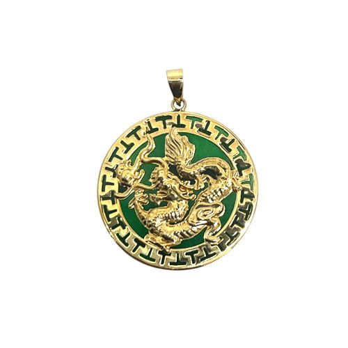 14KT Gold Round Green Jade Dragon Pendant 