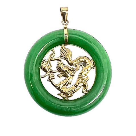 14KT Gold Round Donut Green Jade Dragon Pendant 