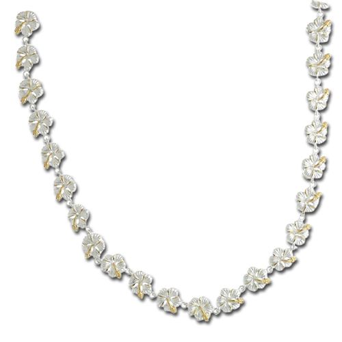 Sterling Silver 2 Tone 9mm Hibiscus Lei Link Necklace