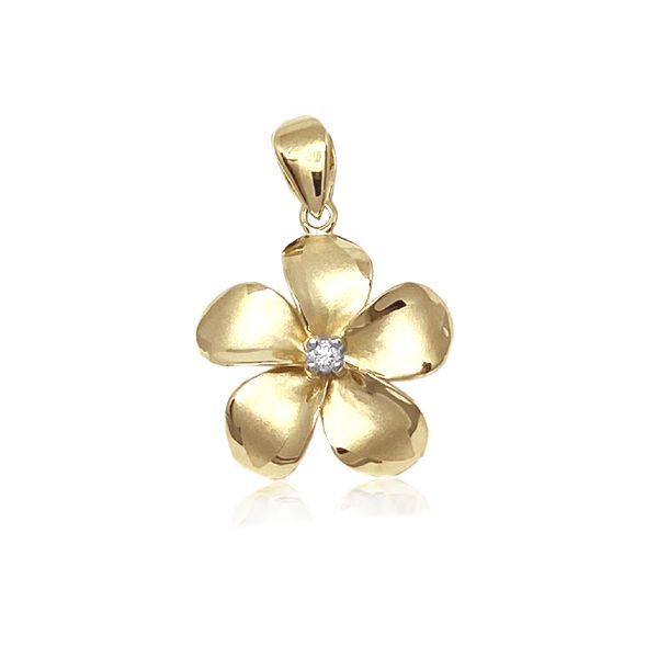 14KT Gold Classic 19mm Plumeria Pendant with Diamond