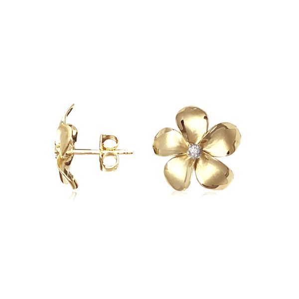 14KT Gold Classic 14mm Plumeria Pierced Earrings with Diamonds