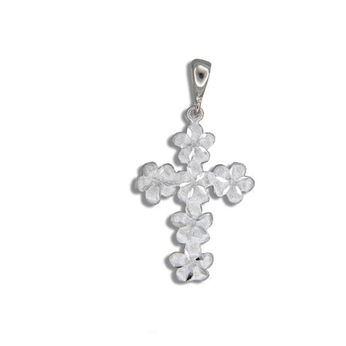 14kt White Gold Hawaiian 6mm Plumeria Leis Cross Pendant