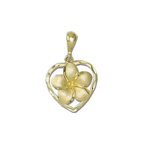 14Kt Gold Hawaiian 12mm Plumeria Heart Pendant