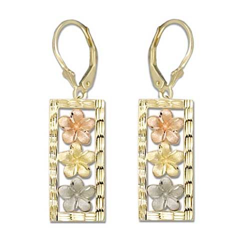 14kt Tri-color Gold Plumeria Vertical Lever Earrings