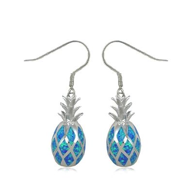 Sterling Silver 3D Hawaiian Pineapple Shaped Blue Opal Fish Wire Earrings