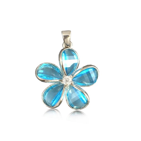 Sterling Silver 18MM Hawaiian Plumeria with Semi-Precious Blue Topaz Pendant 