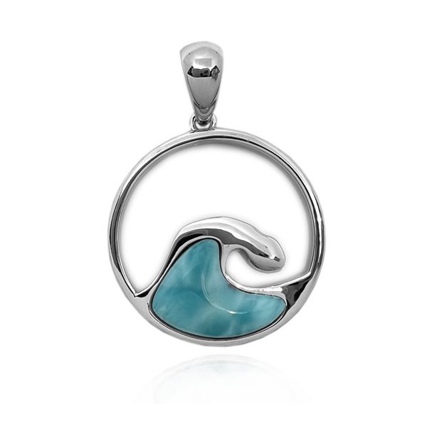 Sterling Silver Genuine Larimar Wave in Circle Pendant (L)