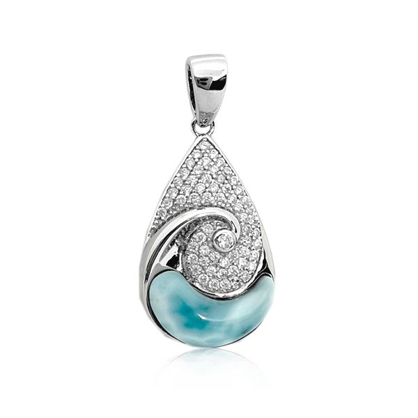 Sterling Silver Genuine Larimar CZ Wave in Tear Drop Pendant