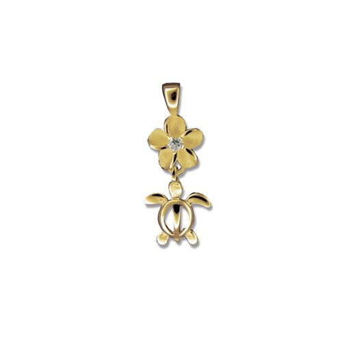 14kt Yellow Gold Cut-Out Hawaiian Mini HONU with Plumeria Pendant