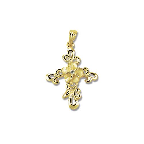 14kt Yellow Gold Hawaiian Scroll Design Plumeria CZ Cross Pendant