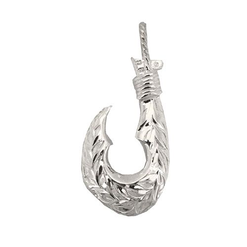 Sterling Silver Hawaiian Fish Hook with Two Side Engraved Maile Leaf Design Pendant (M)