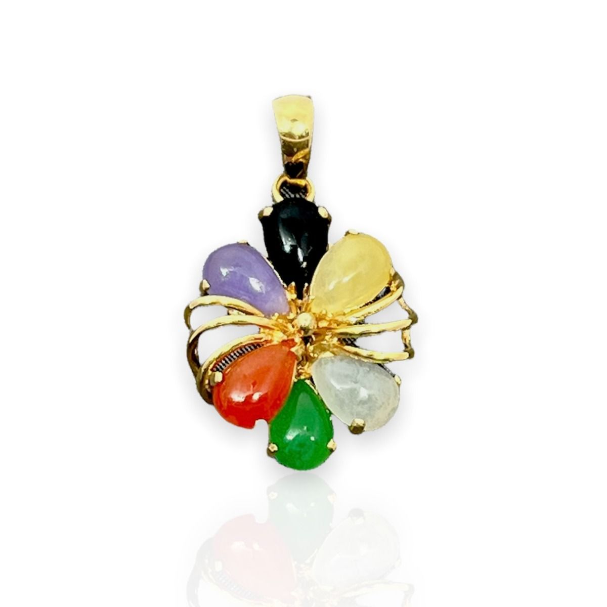 14KT Yellow Gold Fancy Six-Petal Plumeria with Mixed Color Jade Pendant