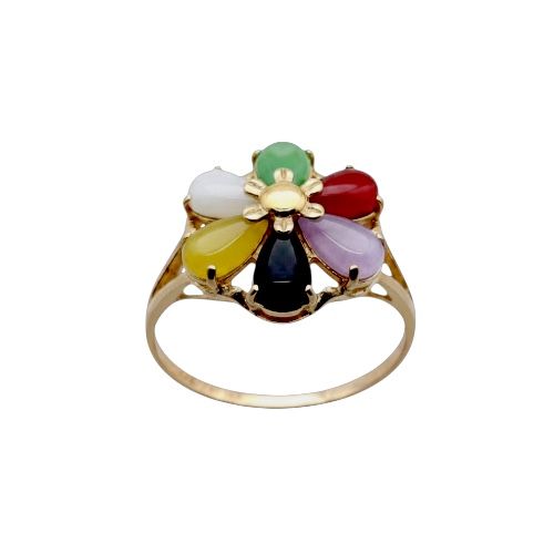 14KT Yellow Gold Six-Petal Lucky Plumeria with Mixed Color Jade Ring