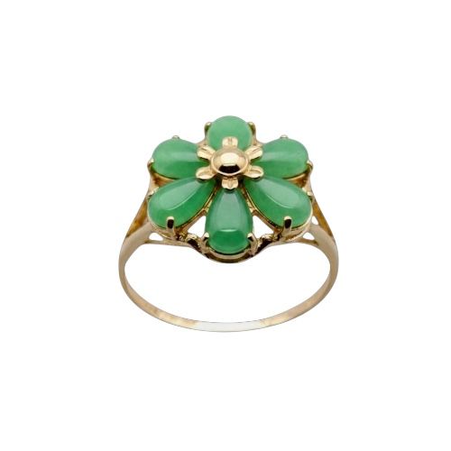 14KT Yellow Gold Six-Petal Lucky Plumeria with Green Jade Ring