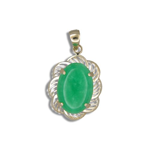14KT Yellow Gold Cut-Out Flower Design with Oval Shaped Green Jade Pendant