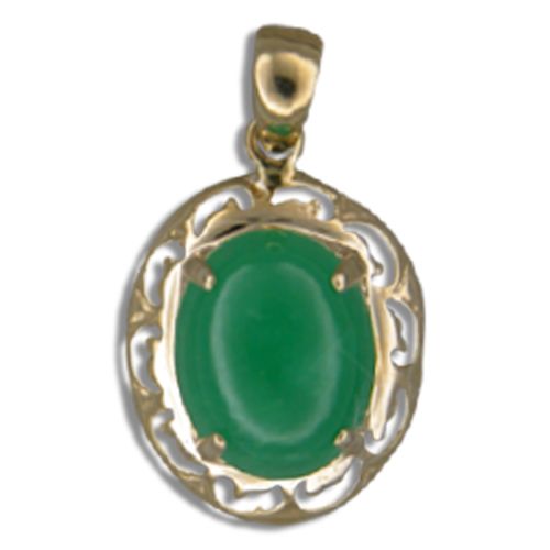 14KT Yellow Gold Oval Shaped Green Jade with Cut In Waves Design Pendant (S)