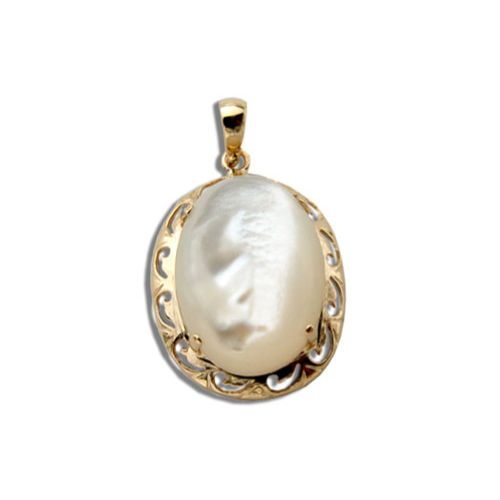 14KT Yellow Gold Oval Shaped MOP (Mother of Pearl Shell) with Cut In Waves Design Pendant