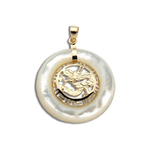 14K Gold Dragon in Circle MOP (Mother of Pearl Shell) Pendant