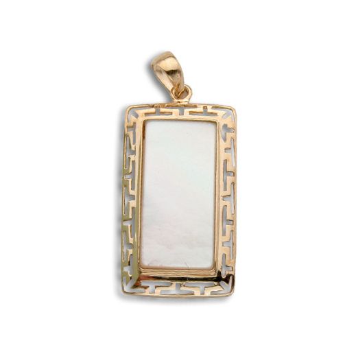 14KT Gold Cut-In Wavy Greek symbol Design with Rectangle Shaped MOP (Mother of Pearl Shell) Pendant