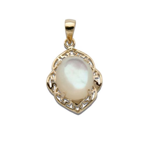 14KT Gold Cut-Out Wavy Greek Design with Oval Shaped MOP (Mother of Pearl Shell)  Pendant