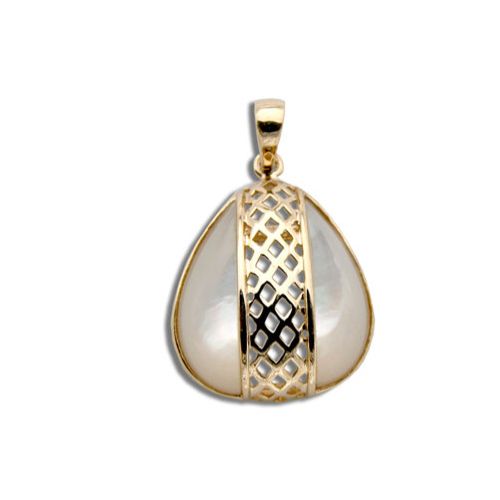 14KT Yellow Gold Cut-Out Diamond Shapes with Water Drop Shaped MOP (Mother of Pearl Shell) Pendant