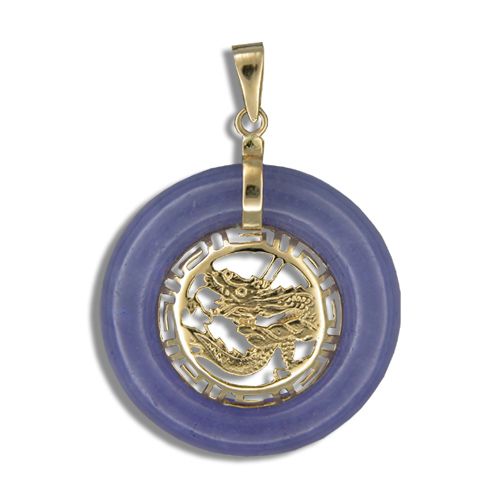 14K Gold Dragon in Circle Purple Jade Pendant