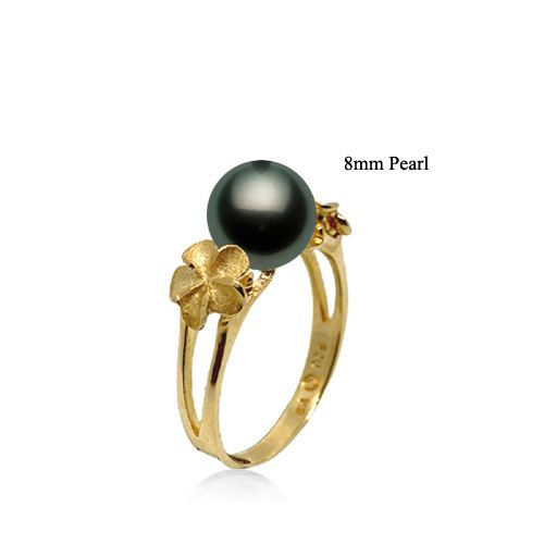 14KT Gold Hawaiian Plumeria Black Tahitian Pearl Ring