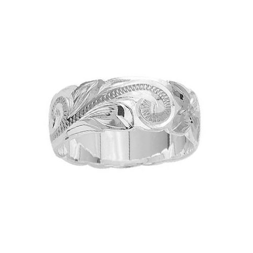 Sterling Silver 8MM Hawaiian Plumeria and Scroll Ring with Cut-Out Edge