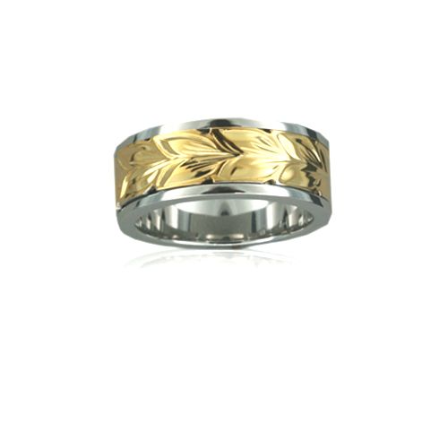 Sterling Silver Hawaiian 14K Yellow Two Tone Maile 8mm Ring Band